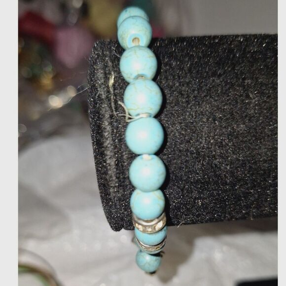 Blue Stone Women's Stretch Charm Bracelet Dyed Howlite Rhinestone Boho - Picture 3 of 7